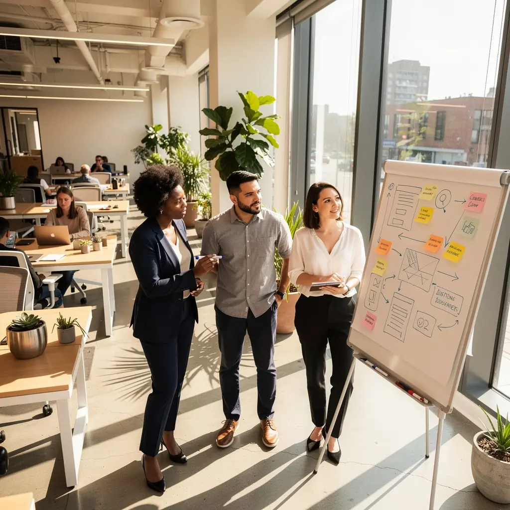 Kreatywna strefa pracy z kolorowymi akcentami, które inspirują do innowacji i współpracy zespołowej.