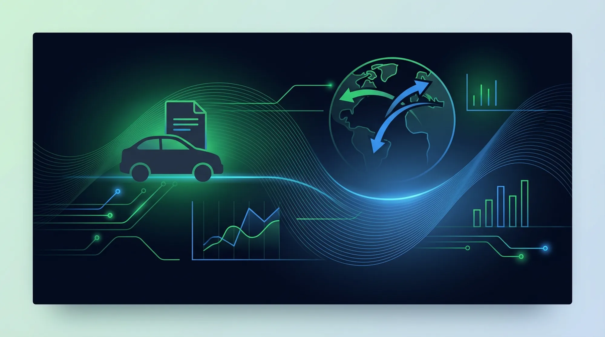 Abstrakcyjna scena edukacji o ubezpieczeniu komunikacyjnym dla migrantów — ciemny motyw graficzny